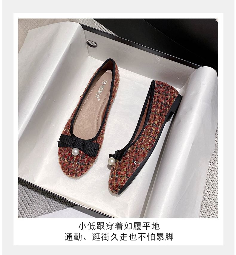 Faux Pearl Bow Tweed Flats