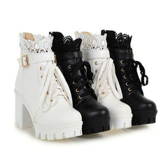 Final Stock! Black/White Lace Buckle High Heel Boots