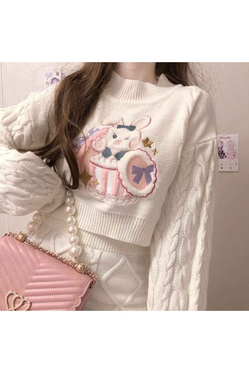 Fall 2 Set Cute Rabbit Embroidery Kintted Sweater & Skirt