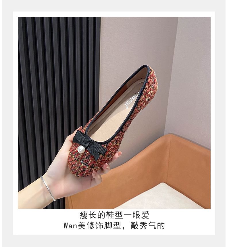 Faux Pearl Bow Tweed Flats