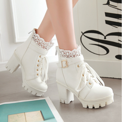 Final Stock! Black/White Lace Buckle High Heel Boots