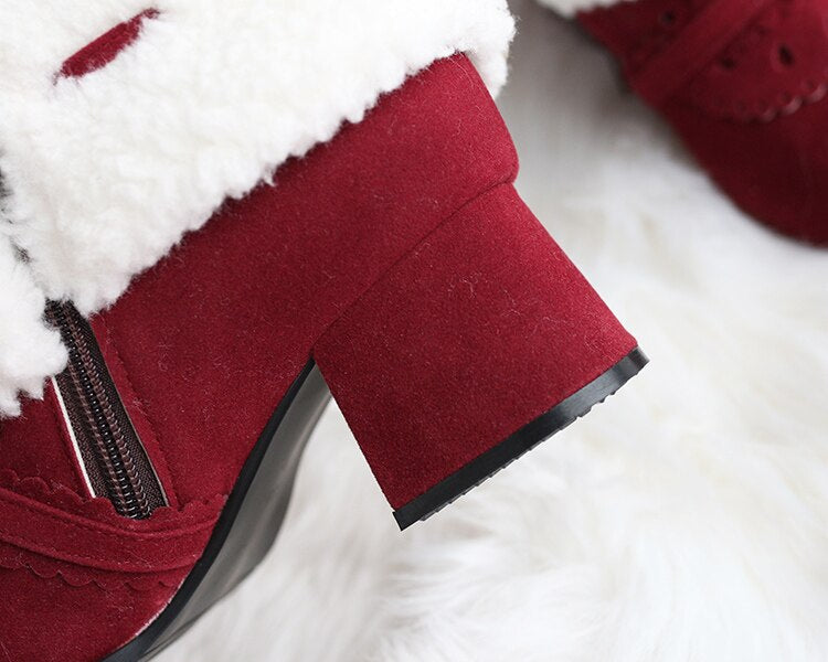 Black/Red/Brown Warm Plush Kawaii Bowknot Short Boots BE501