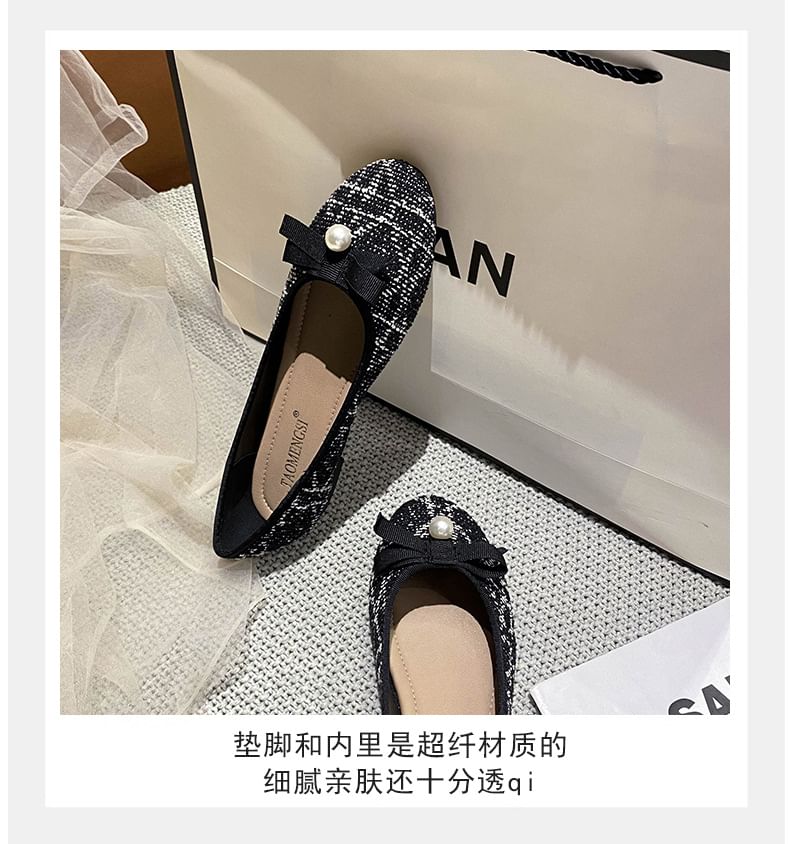 Faux Pearl Bow Tweed Flats