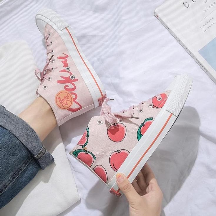 White Pink Peach High-top Canvas Shoes