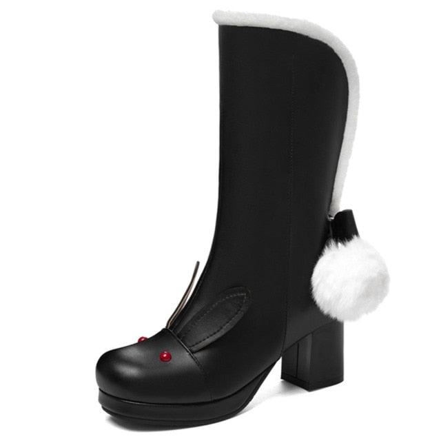 Black/Pink/White Cute Rabbit Ears Sweet Snowball Mid Calf Platform Boots