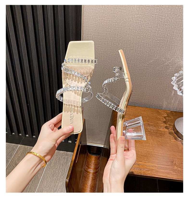 Rhinestone Chunky Heel Slide Sandals