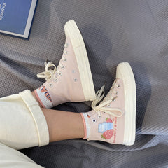 Sweet Pink Milk Strawberry Patterned High-top Canvas Shoes