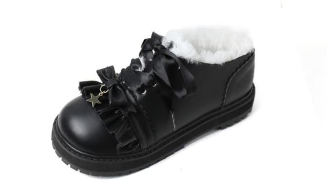Brown/Black/White Japanese Sweet Ruffled Star Plus Velvet Winter Warm Kawaii Shoes