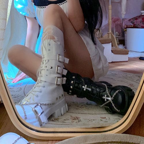 Black White Punk Cross Chains Boots ON175