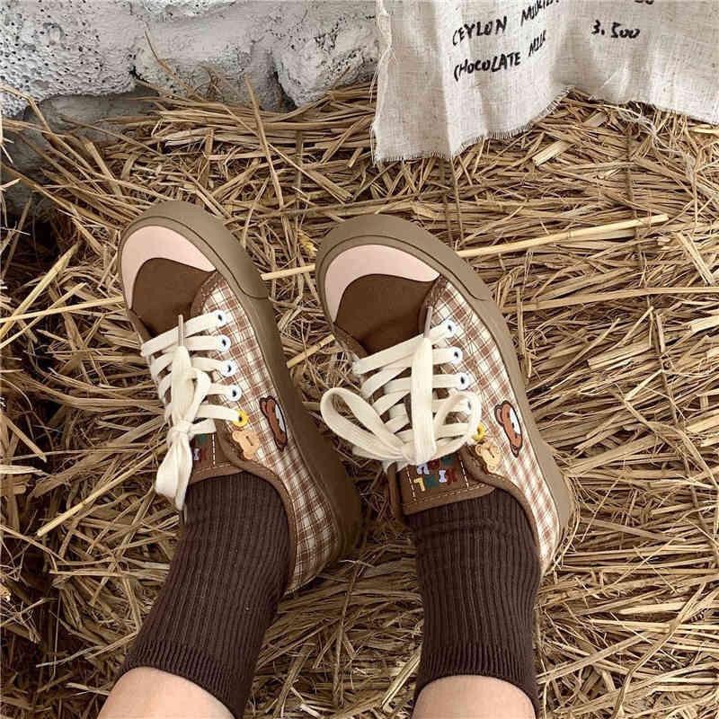 Kawaii Brown Flat Cute Bear plaid Shoes