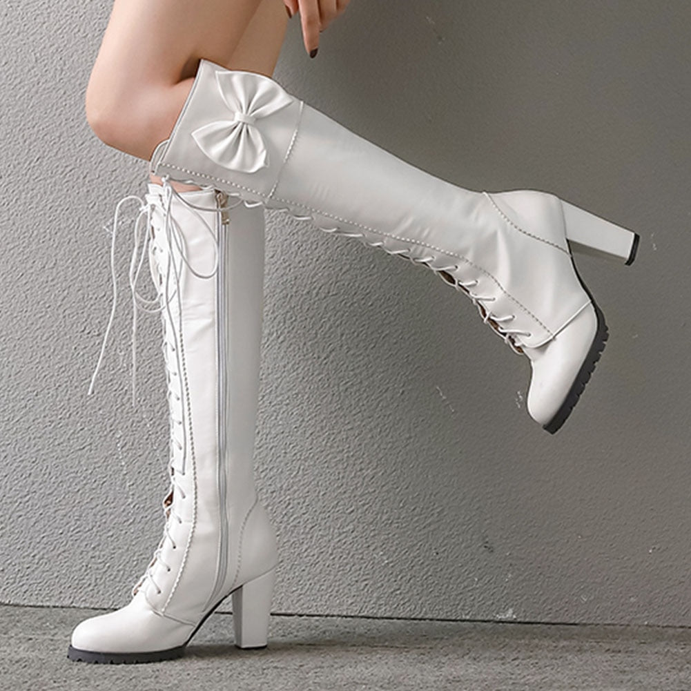 Black/Red/Pink/White Plus Size High Heels Lolita Sweet Zip Up Long Boots BE509