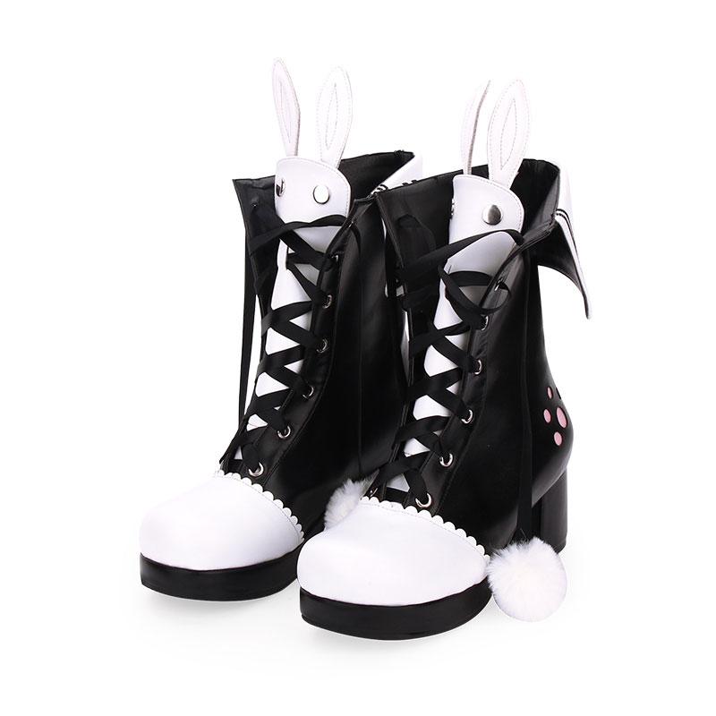 Kawaii Bunny Ears Lace-up Fuzzy Ball Collar High Heel Lolita Boots