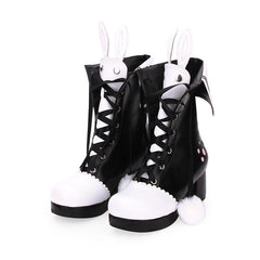 Kawaii Bunny Ears Lace-up Fuzzy Ball Collar High Heel Lolita Boots