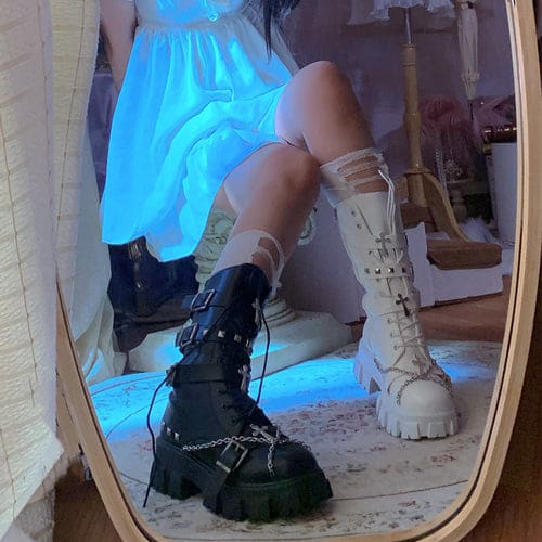 Black White Punk Cross Chains Boots ON175