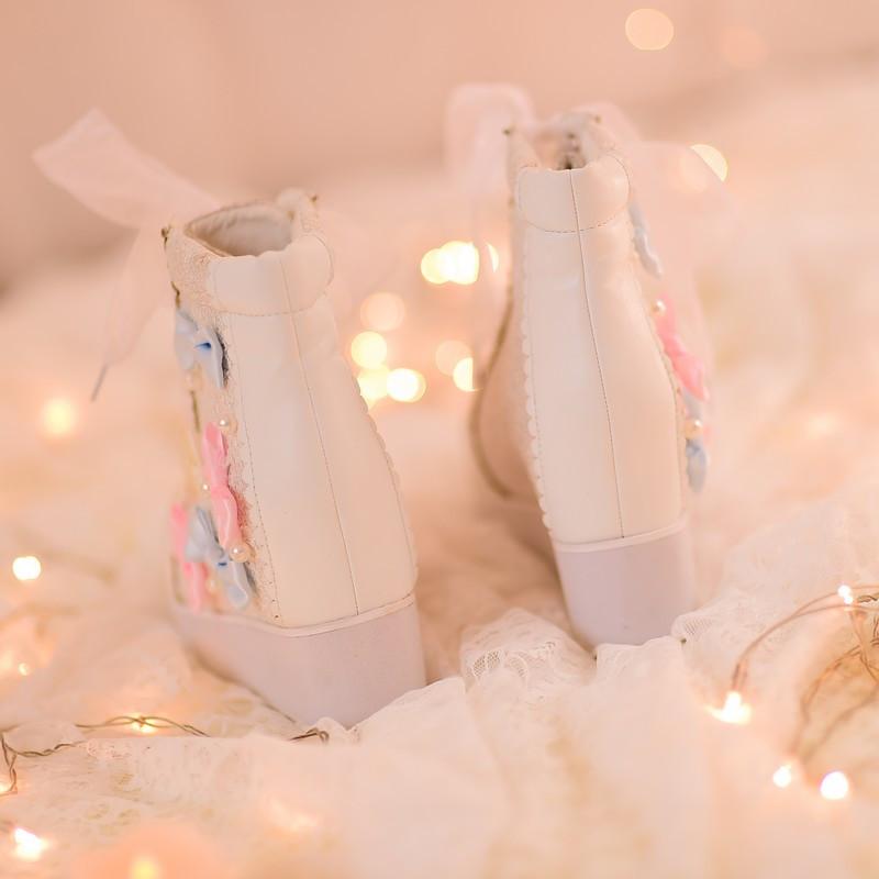 White/Pink Winter Candy Bowknot Lace Elevator shoes High-top Sneakers
