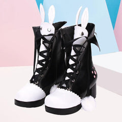 Kawaii Bunny Ears Lace-up Fuzzy Ball Collar High Heel Lolita Boots