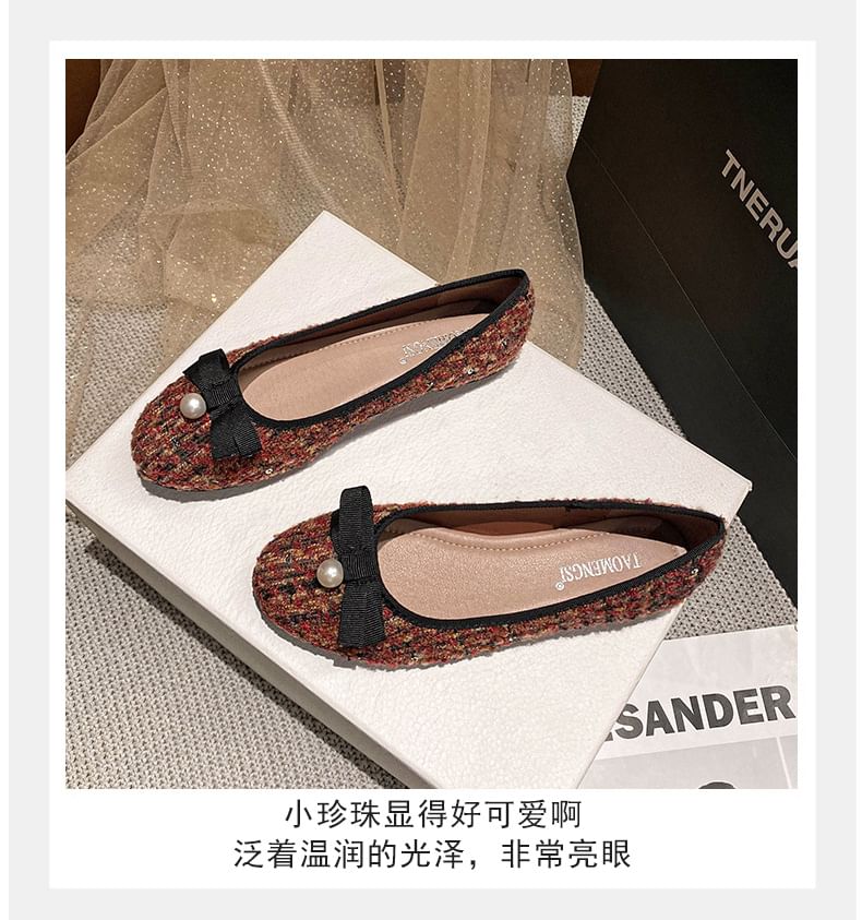 Faux Pearl Bow Tweed Flats