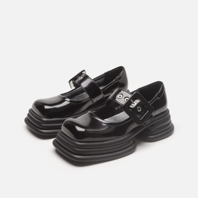 Y2K Goth Black/White Bow Thick Platform Leather Special Heel Mary Jane Shoes BE486