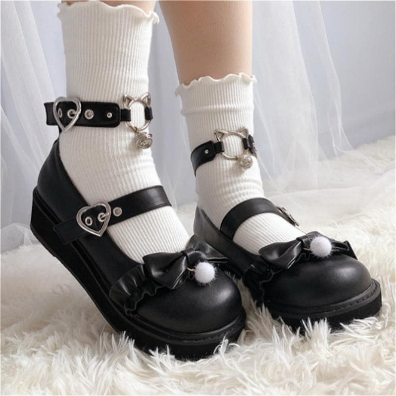Bow Love Heart Buckle Kitty Mary Janes Shoes