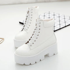 Black/Brown/White/Gray Square Heels Lace-up Platform Boots