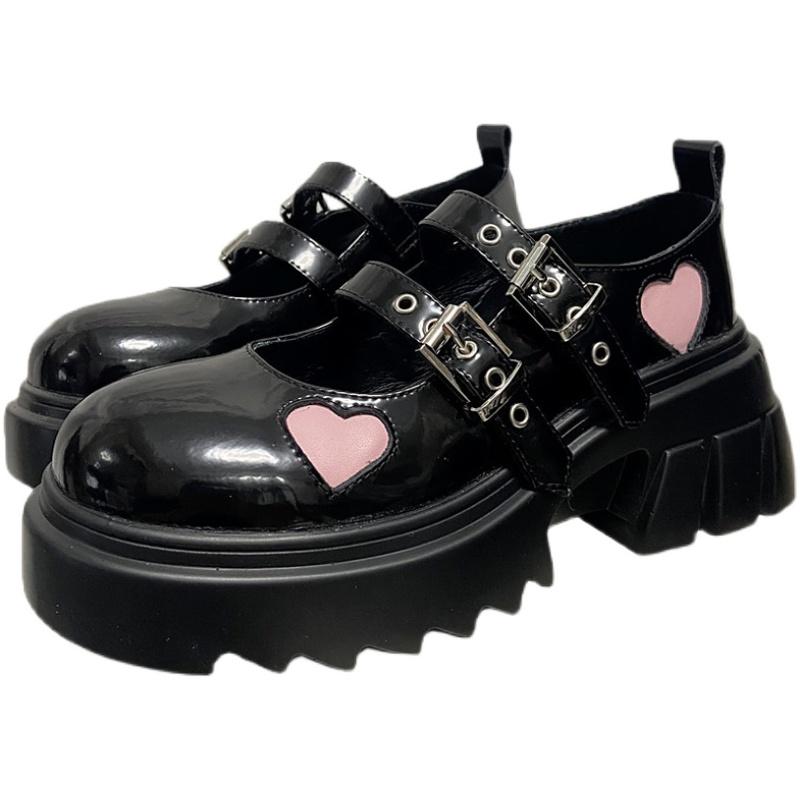 Pink Love Hearts Lolita Kawaii Black Shoes