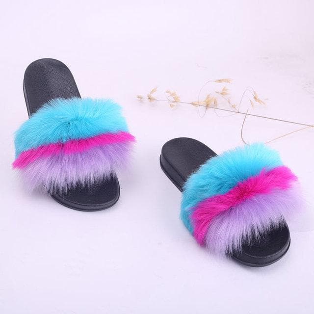 Faux Fake Big PVC Blue Pink Purple Fur Slides