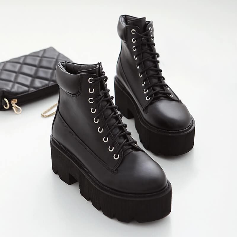 Black/Brown/White/Gray Square Heels Lace-up Platform Boots