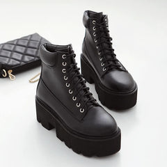 Black/Brown/White/Gray Square Heels Lace-up Platform Boots