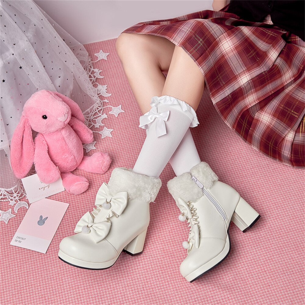 Black/Pink/White Warm Plush Sweet Winter Boots Cute Bowknot Platform High Heels BE507