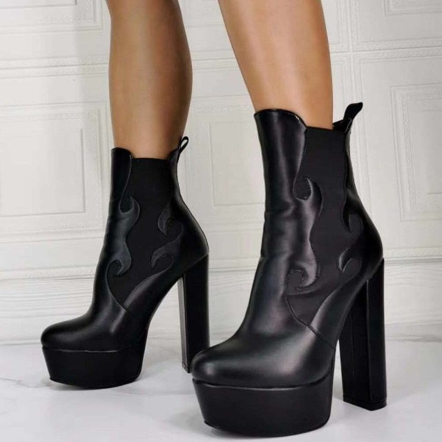 Goth Cool Black Flame Print Platform High Heel Ankle Boots BE568