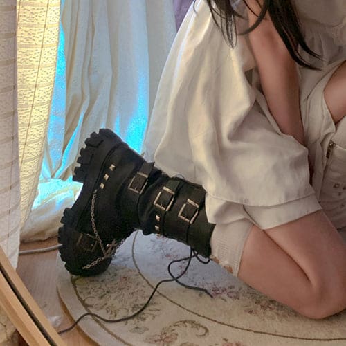 Black White Punk Cross Chains Boots ON175