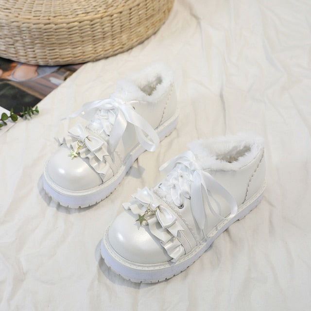 Brown/Black/White Japanese Sweet Ruffled Star Plus Velvet Winter Warm Kawaii Shoes