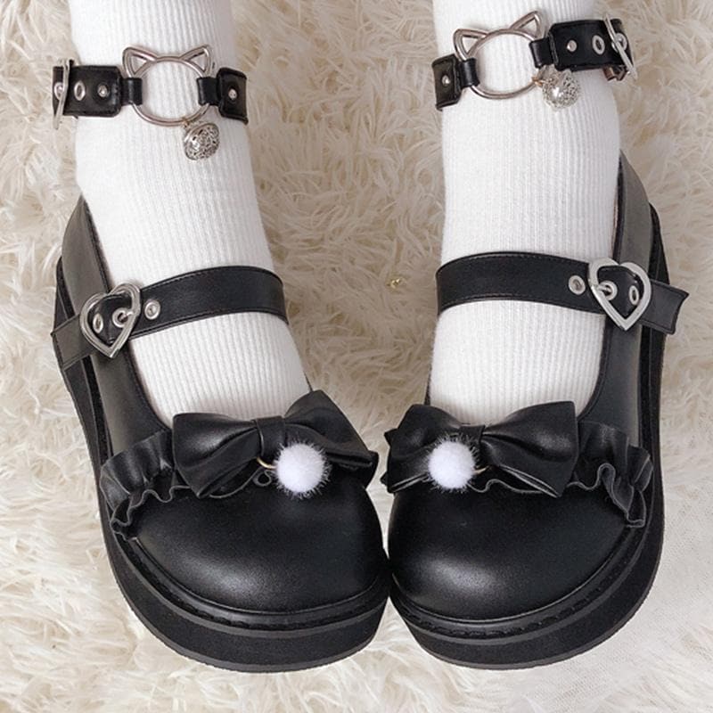 Bow Love Heart Buckle Kitty Mary Janes Shoes
