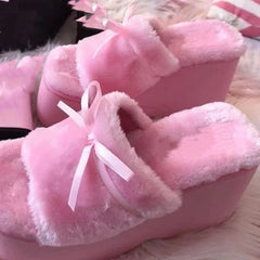 Pink Fluffy Sandals Ribbon Lace