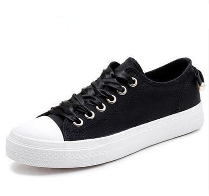 Black/White/Pink Student Bow Canvas Shoes