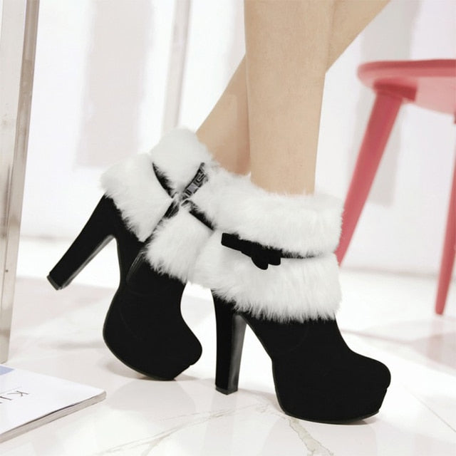 Christmas Red/Black Warm Fur High Heel Short Boots