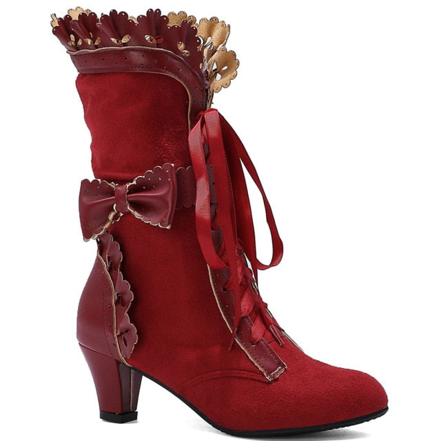 5 Colors Big Size Sweet Bowknot Ruffle Calf Mid Heels Boots
