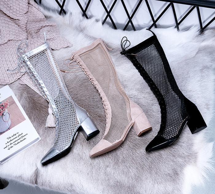 Black/Beige/Silver Laced Net High Boots