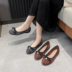 Faux Pearl Bow Tweed Flats