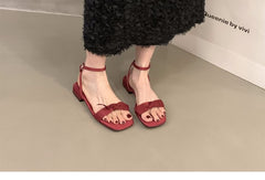 Square-Toe Bow Low Heel Sandals