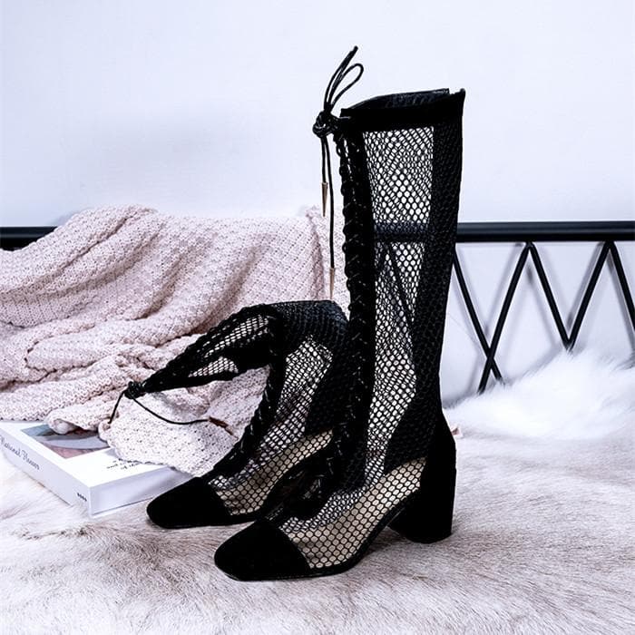 Black/Beige/Silver Laced Net High Boots