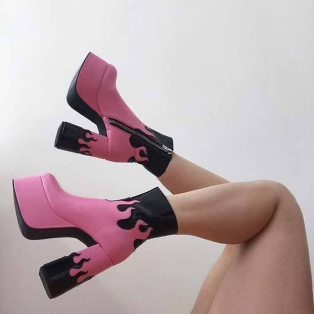 Goth Cool Black Flame Print Platform High Heel Ankle Boots BE568