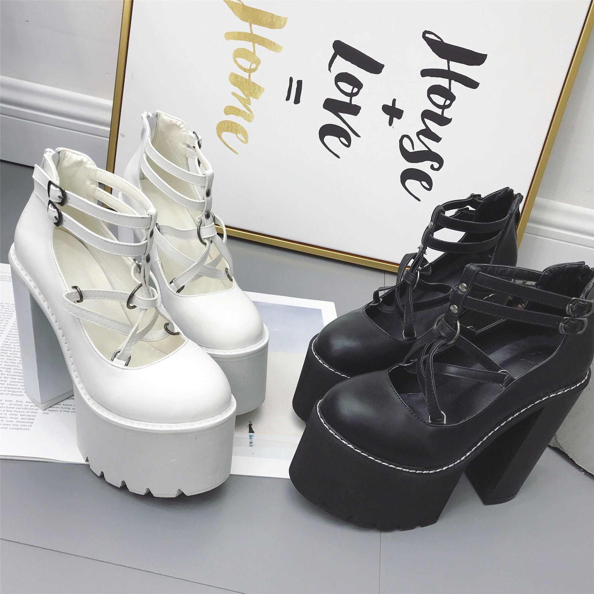 Black/White Super High Heel Thick Bottom Pumps Shoes