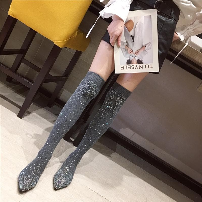 Black/Grey Bling Rhinestone Long Socks Boots