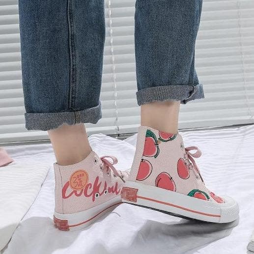 White Pink Peach High-top Canvas Shoes