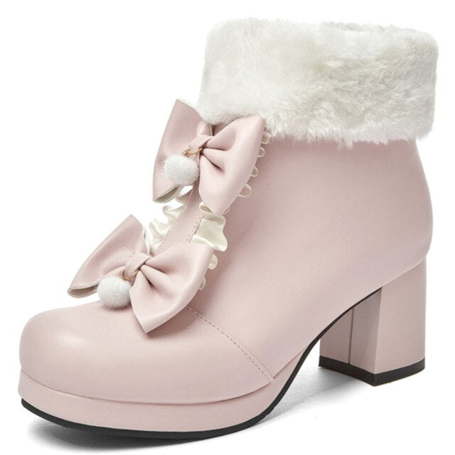 Black/Pink/White Warm Plush Sweet Winter Boots Cute Bowknot Platform High Heels BE507