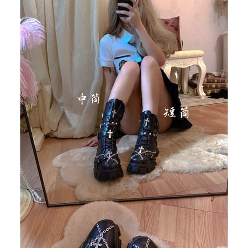 Black White Punk Cross Chains Boots ON175