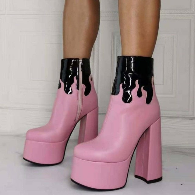 Goth Cool Black Flame Print Platform High Heel Ankle Boots BE568