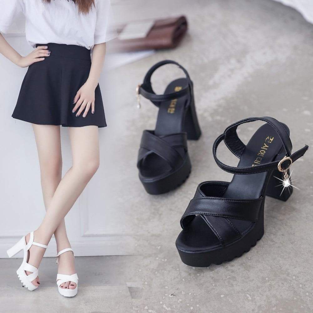 Black/White Summer Spring Cute Heels Sandals Shoes