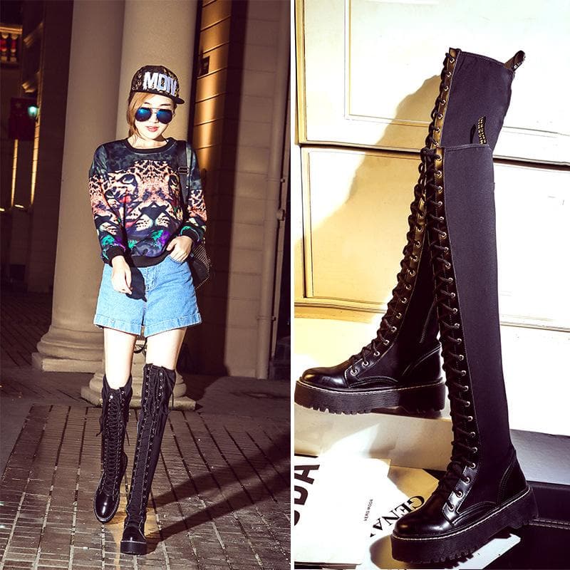 Black Gothic Laced Zipper High Boots